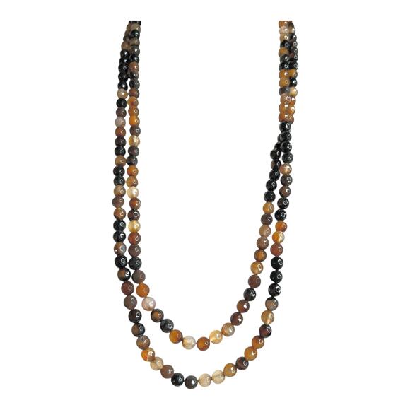 Coffee Brown Striped Agate Stone Beaded Single Strand Necklace - Picture 3 of 5